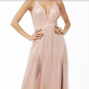 Pink long backless dress with glitter